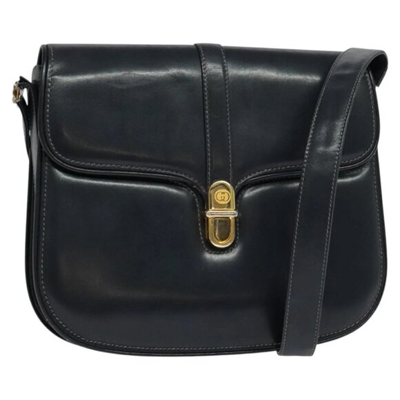 GUCCI Shoulder Bag Leather Navy Gold Auth - Picture 1 of 16